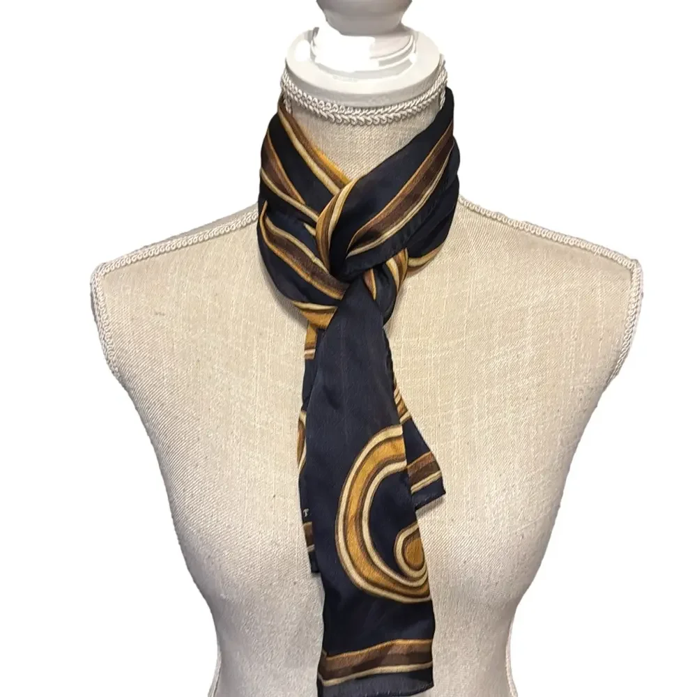 Ellen Tracy 100% Silk Rectangular Scarf With Gold Scroll Design